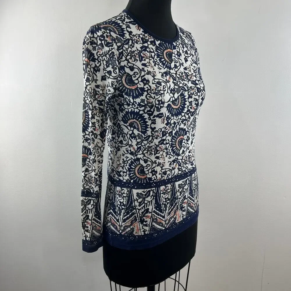 TORY BURCH White Navy Blouse Cotton Moroccan Crew Neck Pullover Size XX-Small